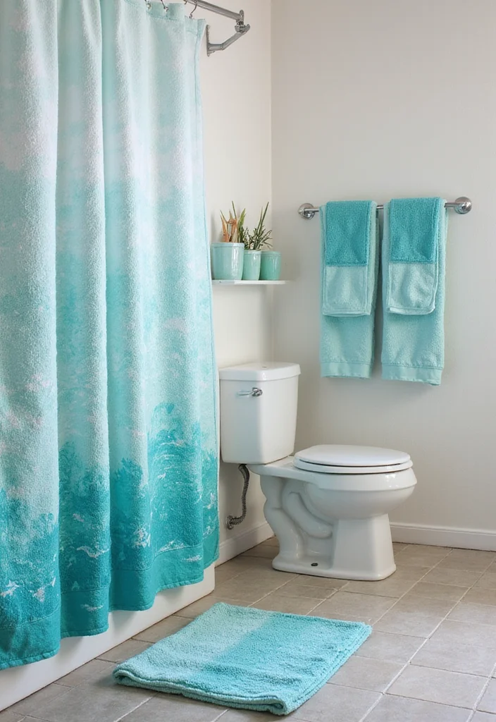 14 Coastal Bathroom Ideas for Breezy Light Calm Style 8. Beachy Textiles