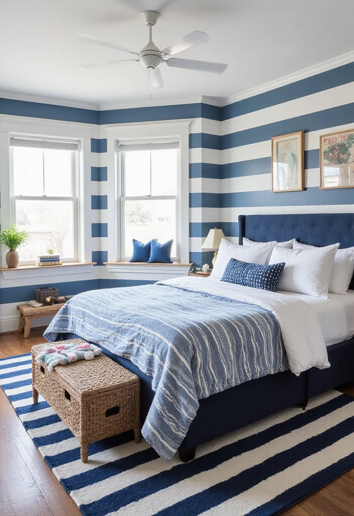 14 Coastal Bedroom Ideas for Soft Breezy Relaxing Comfort 2. Nautical Stripes