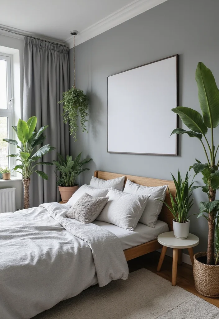 14 Grey Bedroom Ideas for Soft Cozy Modern Neutral Atmosphere - 14. Greenery in Grey Spaces