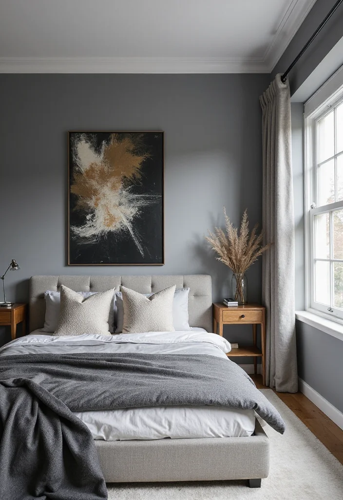 14 Grey Bedroom Ideas for Soft Cozy Modern Neutral Atmosphere - 7. Statement Art Pieces