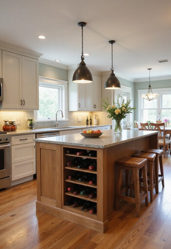 14 Kitchen Island Ideas With Seating for Social Functional Layouts - 10. Island with Built-In Wine Rack and Seating