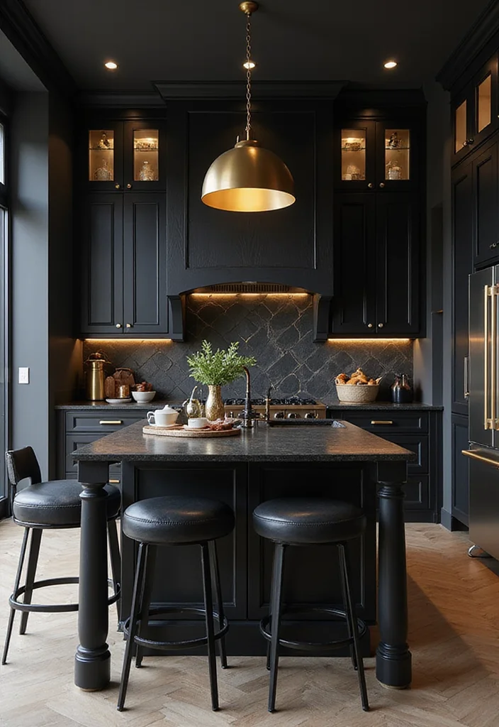 14 Kitchen Island Ideas With Seating for Social Functional Layouts - 14. Chic Black Island with Gold Accents