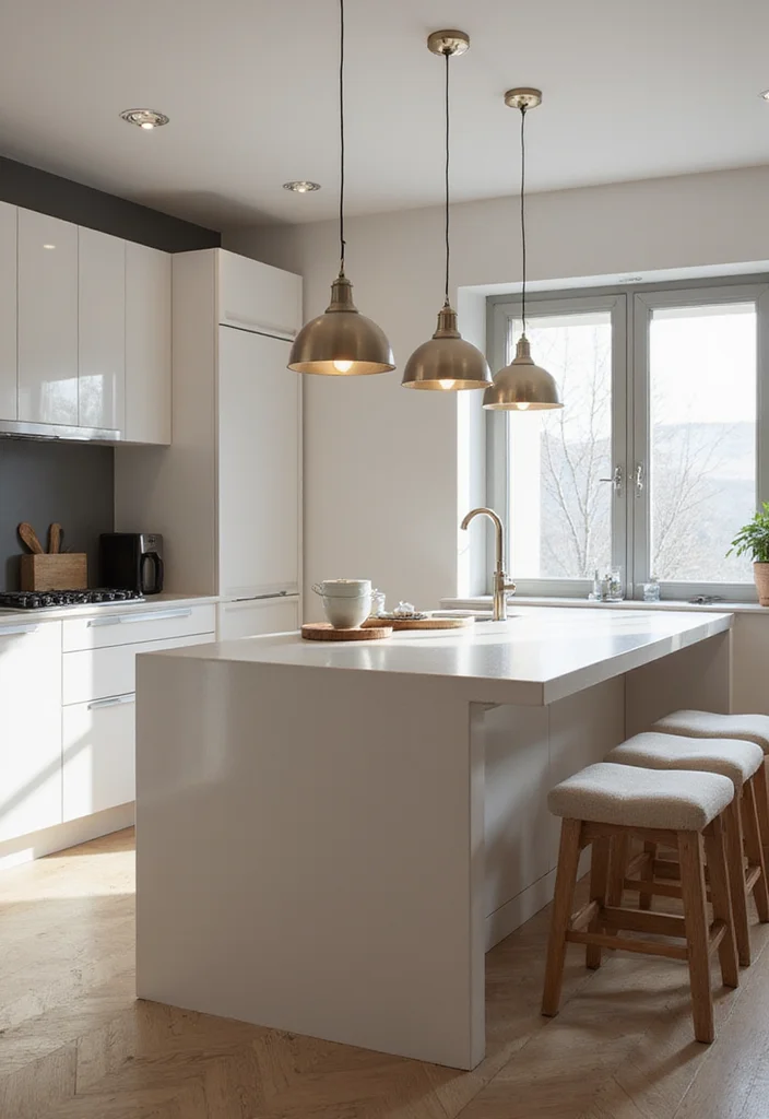 14 Kitchen Island Ideas With Seating for Social Functional Layouts - 7. Minimalist Island with Pendant Lighting Over Seating
