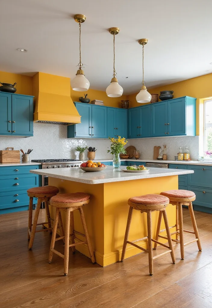 14 Kitchen Island Ideas With Seating for Social Functional Layouts - 9. Bold Colored Island with Contrast Seating