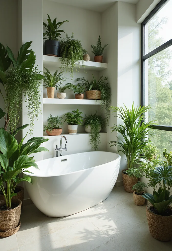 14 Large Bathroom Ideas for Open Airy Comfortable Style 8. Indoor Plants for Freshness