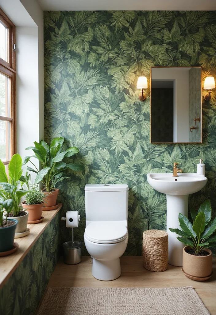 14 Wallpaper Bathroom Ideas for Pattern Personality and Charm - 1. Botanical Bliss: Go Green with Nature-Inspired Patterns