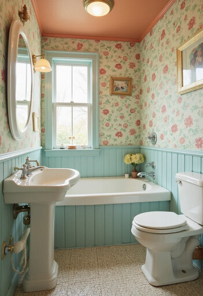 14 Wallpaper Bathroom Ideas for Pattern Personality and Charm - 3. Vintage Charm: Retro Wallpaper Designs for Timeless Appeal