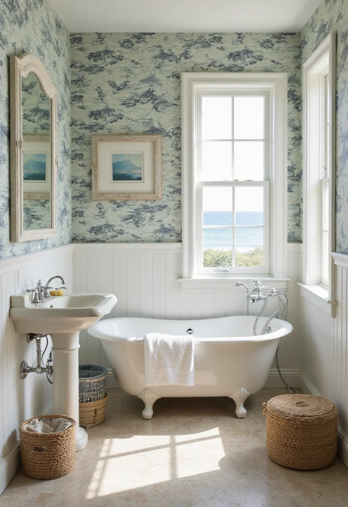14 Wallpaper Bathroom Ideas for Pattern Personality and Charm - 5. Oceanic Inspiration: Nautical Patterns for a Relaxing Vibe