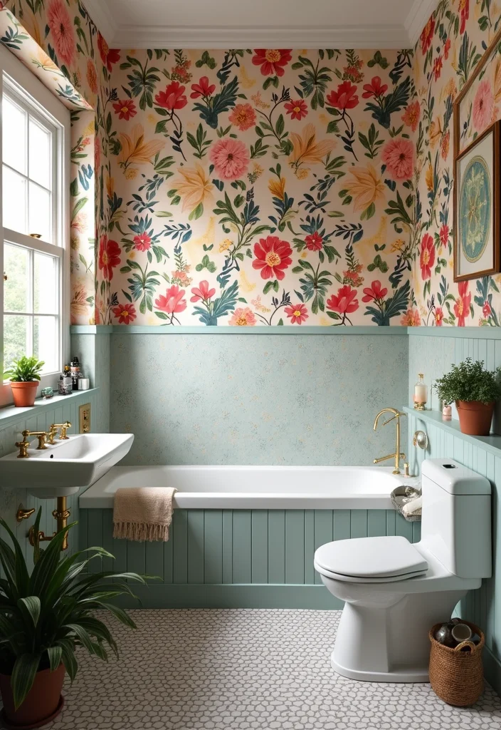 14 Wallpaper Bathroom Ideas for Pattern Personality and Charm - 6. Eclectic Mix: Combining Patterns for Unique Style
