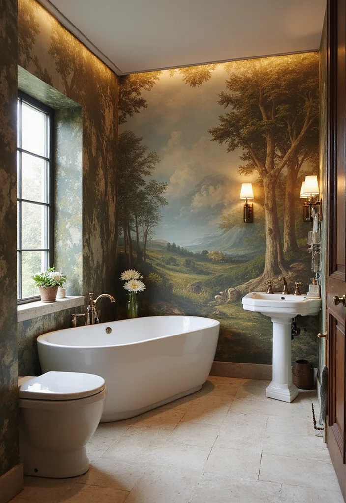 14 Wallpaper Bathroom Ideas for Pattern Personality and Charm - 9. Artistic Flair: Wallpaper that Looks Like Art