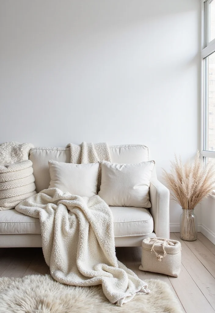 14 White Living Room Ideas for Bright Clean Airy Style - 10. Layered Textiles