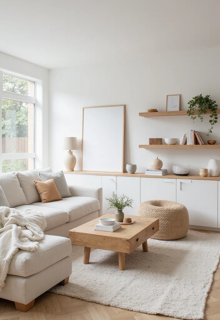 14 White Living Room Ideas for Bright Clean Airy Style - 3. Light Wood Accents