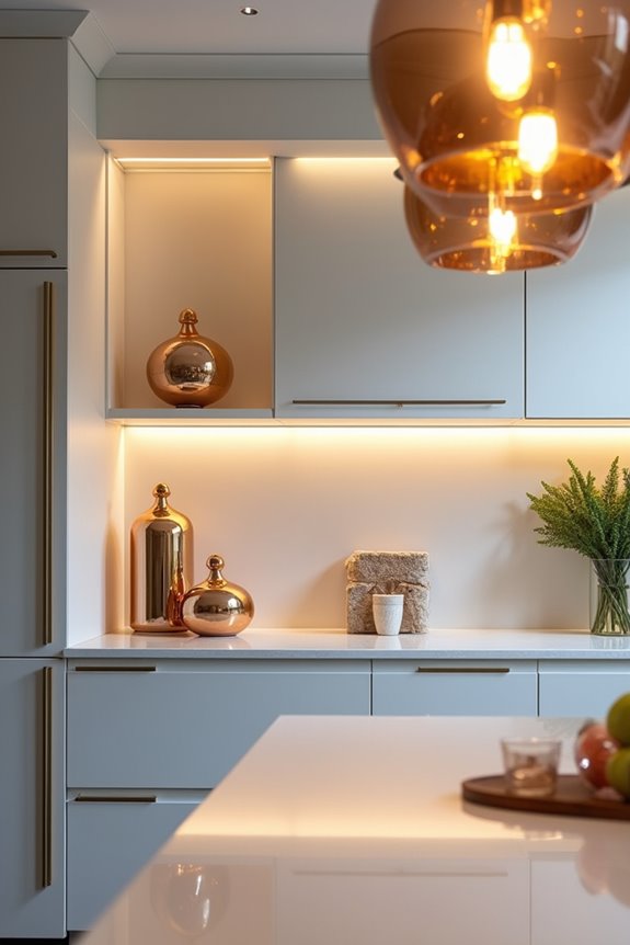 bold lighting above cabinets creates drama