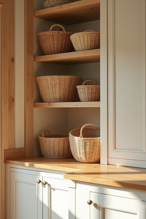 whitewashed baskets wood trim
